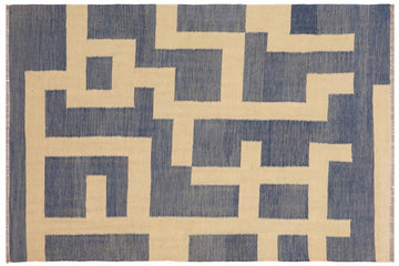 Flat Weave Kilim, Antique, Navaho, Vintage, Handmade, Modern Kilim Blue Beige Hand-Woven Rectangle 100% Wool Area Rug 5 x 6